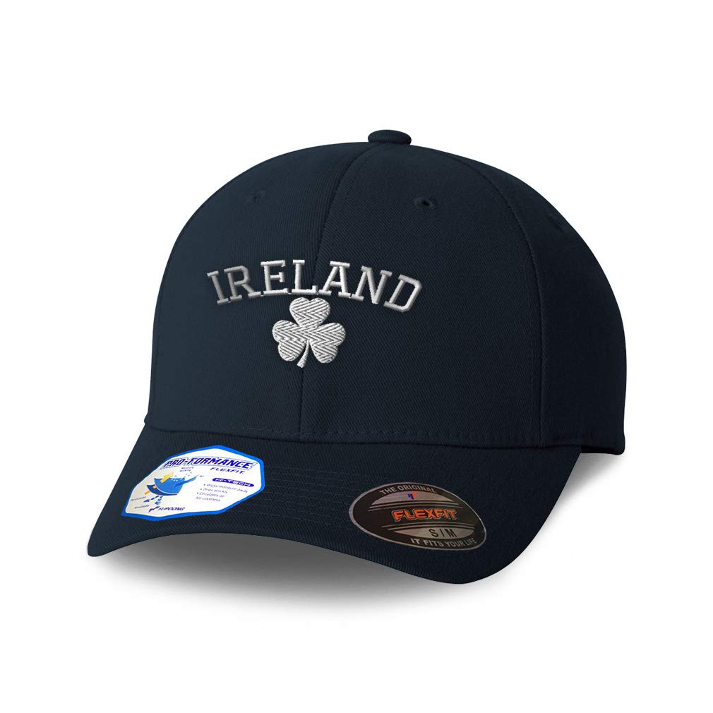 Flexfit Hats for Men & Women Ireland Shamrock White Embroidery Polyester Dad Hat Baseball Cap Dark Navy Large XLarge