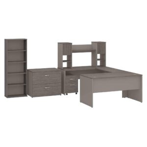 bush furniture commerce 60w u shaped desk with hutch, file cabinets and bookcase in cocoa and pewter