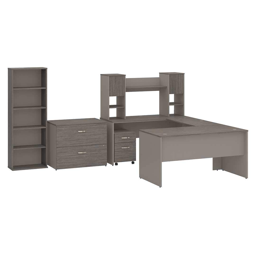 Bush Furniture Commerce 60W U Shaped Desk with Hutch, File Cabinets and Bookcase in Cocoa and Pewter