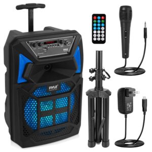 pyle portable bluetooth pa speaker system - 400w outdoor bluetooth speaker portable pa system w/microphone in, party lights, mp3/usb sd card reader, fm radio, rolling wheels - mic, remote - pphp82sm