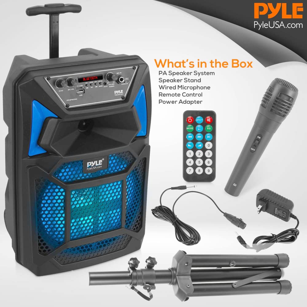 Pyle Portable Bluetooth PA Speaker System - 400W Outdoor Bluetooth Speaker Portable PA System w/Microphone in, Party Lights, MP3/USB SD Card Reader, FM Radio, Rolling Wheels - Mic, Remote - PPHP82SM