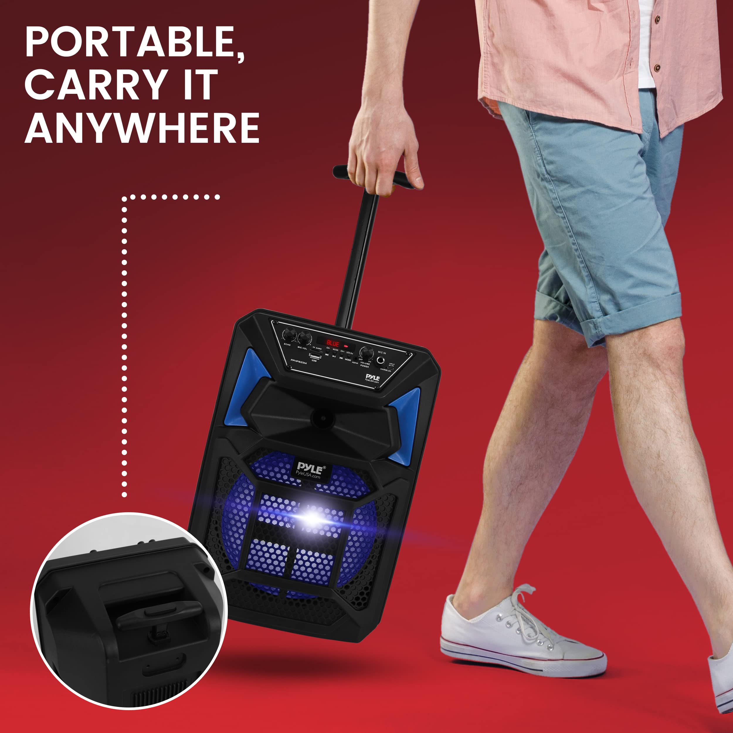 Pyle Portable Bluetooth PA Speaker System - 400W Outdoor Bluetooth Speaker Portable PA System w/Microphone in, Party Lights, MP3/USB SD Card Reader, FM Radio, Rolling Wheels - Mic, Remote - PPHP82SM