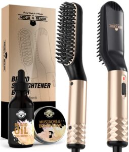 beard straightener for men, plus beard growth oil & beard balm conditioner, upgraded ionic beard straightening comb, heated hair brush, perfect christmas gifts for men, beard guide e-book included