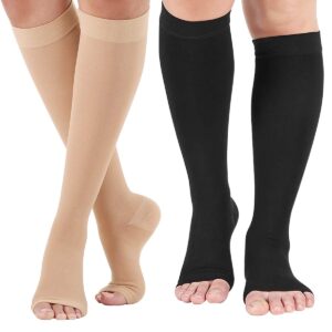 meilyla open toe compression socks 20-30 mmhg knee high support stockings for men women beige & black