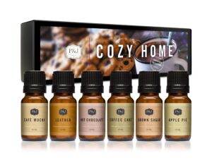 p&j trading cozy home set of 6 fragrance oils - brown sugar, apple pie, coffee cake, café mocha, leather, hot chocolate scented oils for candle scents, soap making, diffuser oil
