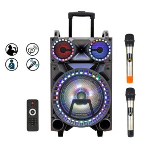 starqueen karaoke machine portable karaoke speaker for adults and kids 12” woofer rechargeable pa system with 2 wireless micorphone/remote/wheels/dj lights, karaoke party amplifier sound system