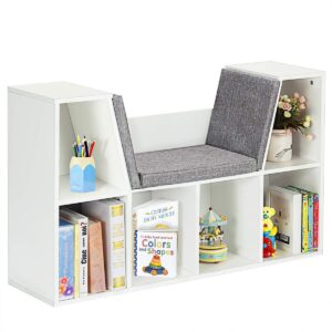 costzon 6-cubby kids bookcase w/cushioned reading nook, multi purpose storage organizer cabinet shelf with soft cushion and thick wood board for children girls & boys bedroom decor room (modern white)