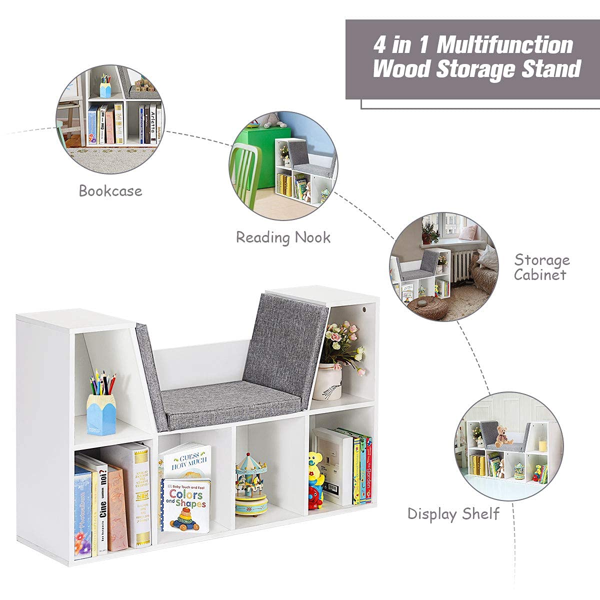 Costzon 6-Cubby Kids Bookcase w/Cushioned Reading Nook, Multi Purpose Storage Organizer Cabinet Shelf with Soft Cushion and Thick Wood Board for Children Girls & Boys Bedroom Decor Room (Modern White)