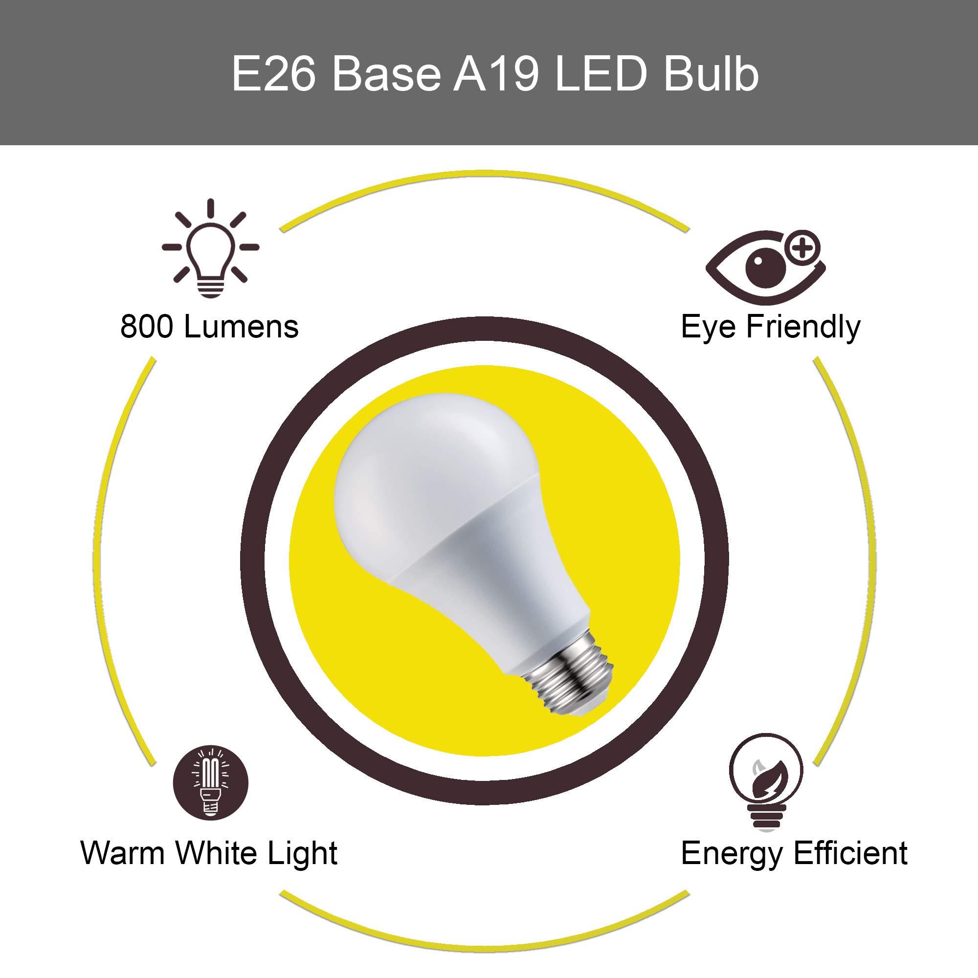 Laborate Lighting A19 LED Light Bulbs - E26 Base, 60W, 800 Lumens, Warm White 2700K Illumination - Dimmable, Energy Saving Outdoor & Indoor Home, Commercial Lighting - 80+ CRI, 10-Year Life - 4-Pack