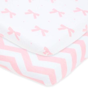 pack and play sheets fitted – for graco pack n play playard – 2 pack – snuggly soft jersey cotton mini crib mattress sheets set for baby girl – pink bows, chevron