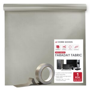 jj care faraday fabric [pack of 1, 44" x 39" faraday cloth + 1" x 24" long faraday tape + instructions] - military grade shielding fabric from signals, bluetooth, gps, signal blocker, wifi jammer