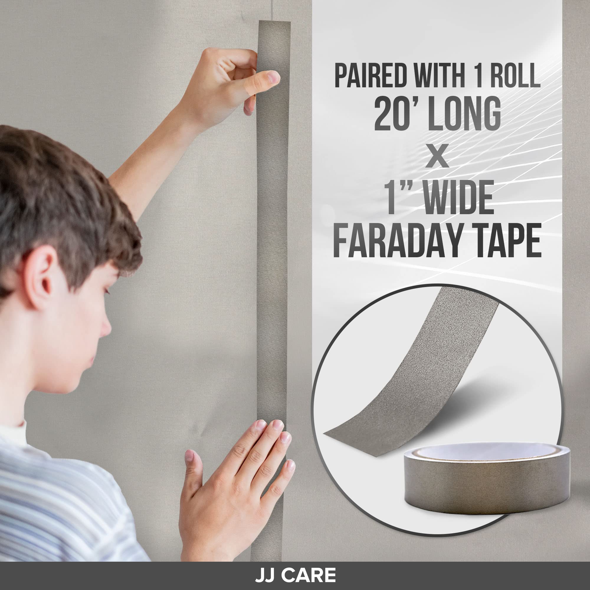 JJ CARE Faraday Fabric [Pack of 1, 44" x 39" Faraday Cloth + 1" x 24" Long Faraday Tape + Instructions] - Military Grade Shielding Fabric from Signals, Bluetooth, GPS, Signal Blocker, WiFi Jammer