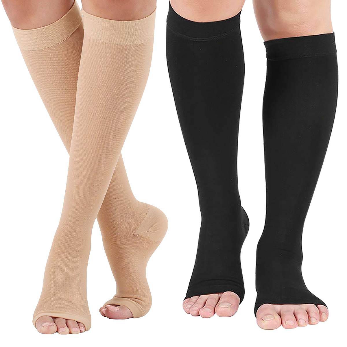 Open Toe Compression Socks 2 Pairs 20-30 mmHg Knee High Support Stockings Toeless for Men or Women Support Pregnancy, Running, Sports, Flight Travel with Free Auxiliary Wear Socks L