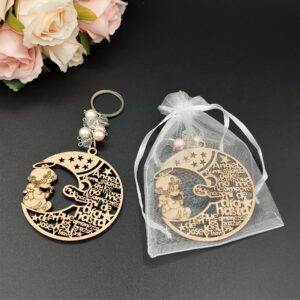 Solkool 12Pcs Wood Angel Moon Design Keychain Baptism Favors with Angels for Boy Or Girl Baby Shower Recuerdos de Bautizo With Orgazna Bags (Girl)