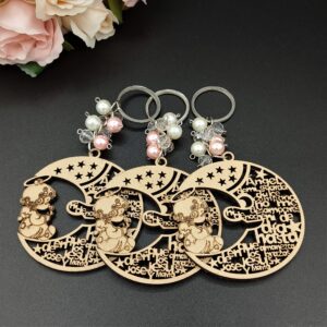 Solkool 12Pcs Wood Angel Moon Design Keychain Baptism Favors with Angels for Boy Or Girl Baby Shower Recuerdos de Bautizo With Orgazna Bags (Girl)