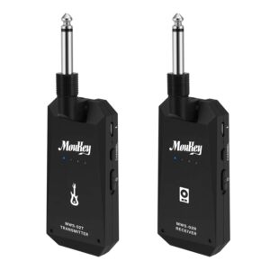 moukey 5.8ghz wireless guitar system digital electric guitar transmitter receiver 4 channels transmission range high frequency battery rechargeable for electric guitar bass (black) -mws-02