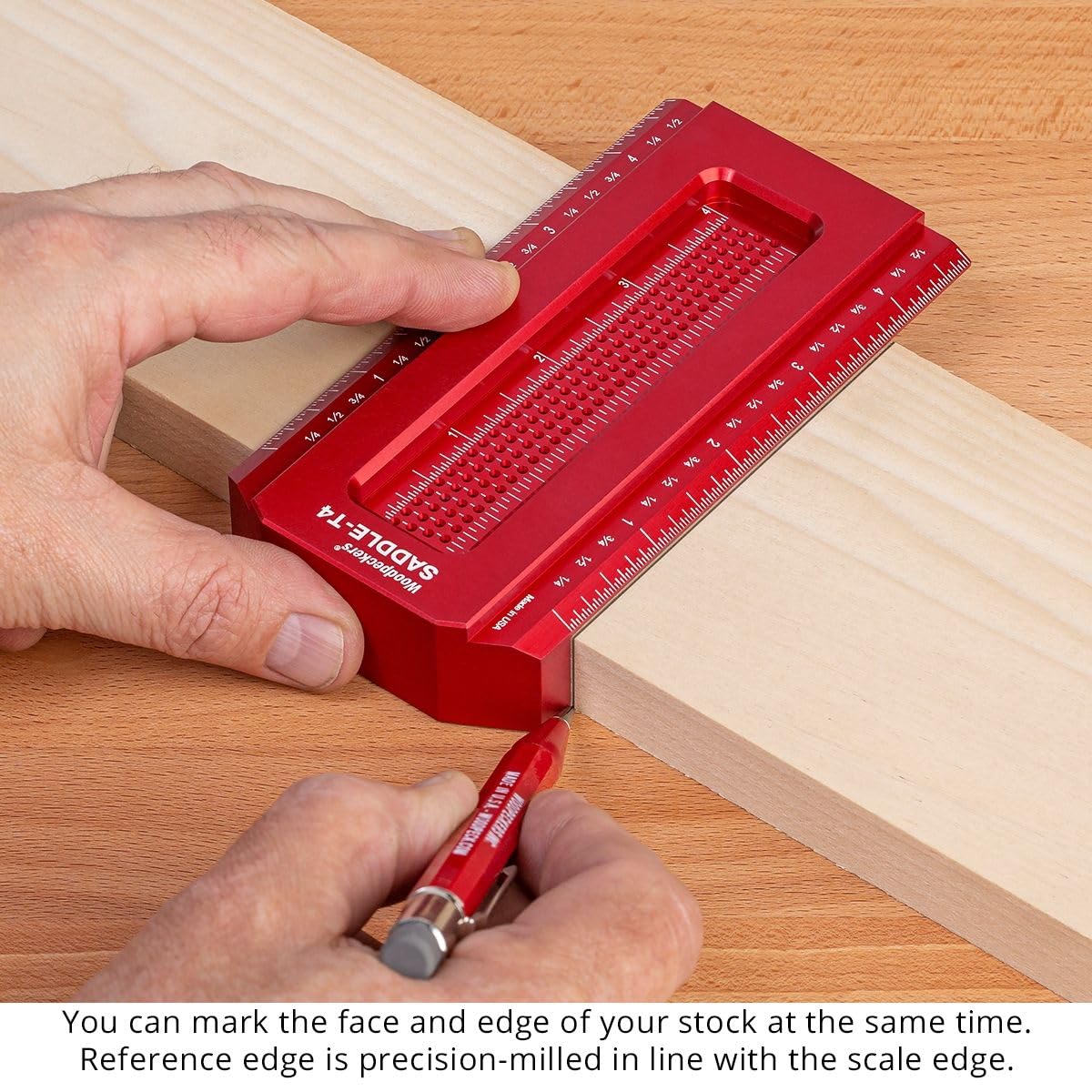 Woodpeckers Saddle T-Square, 12 Inch, Wraps Around Work Edge, USA Made Woodworking Square with Scribing Guides