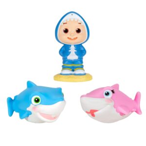 cocomelon official bath squirters, featuring jj character toy (4” tall) and 2 sharks (4” wide), bath time fun playset - character toys for babies, toddlers, and kids