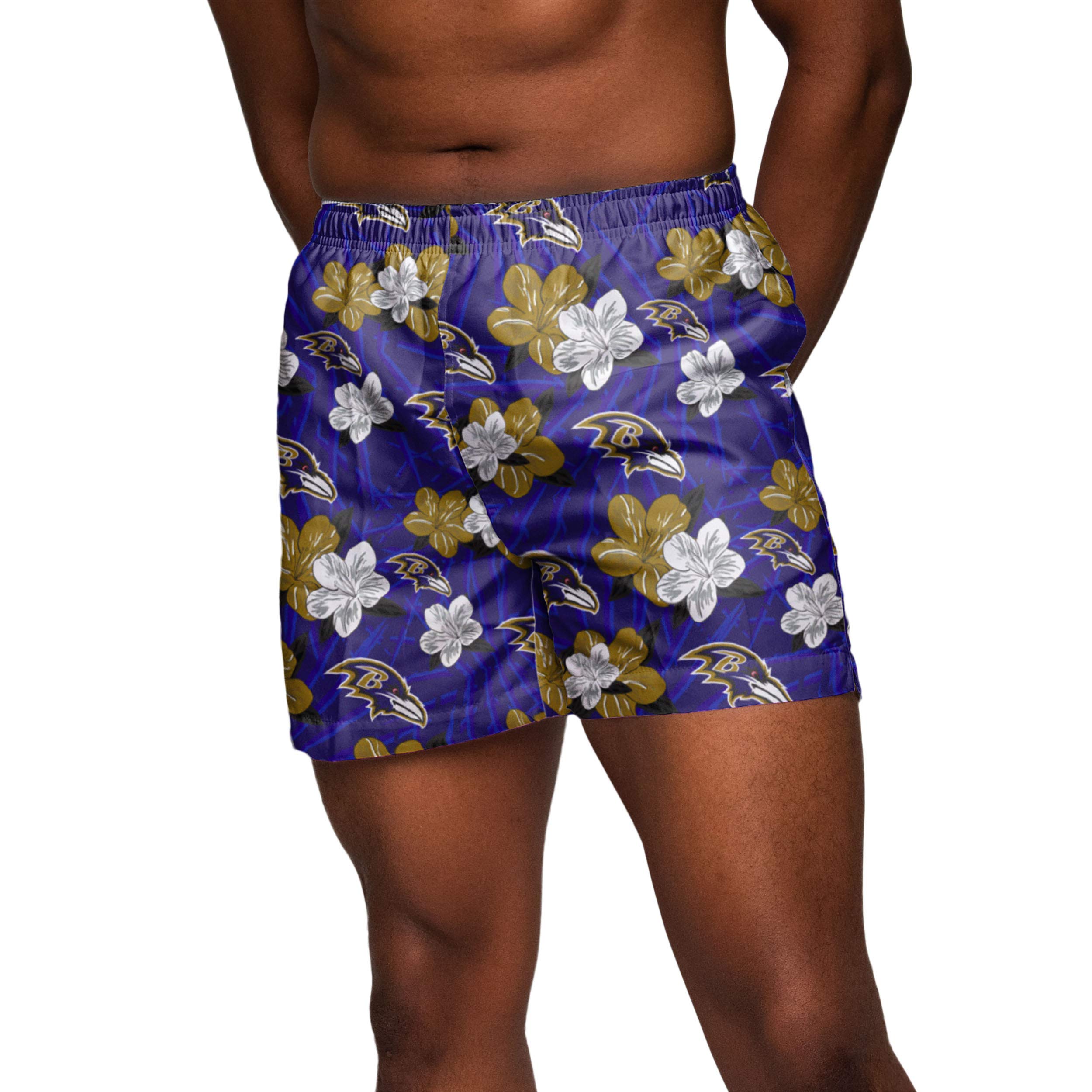 FOCO NFL Baltimore Ravens Mens Hibiscus Slim Fit 5.5" Swim Suit Swimming TrunksHibiscus Slim Fit 5.5" Swim Suit Swimming Trunks, Team Color, L