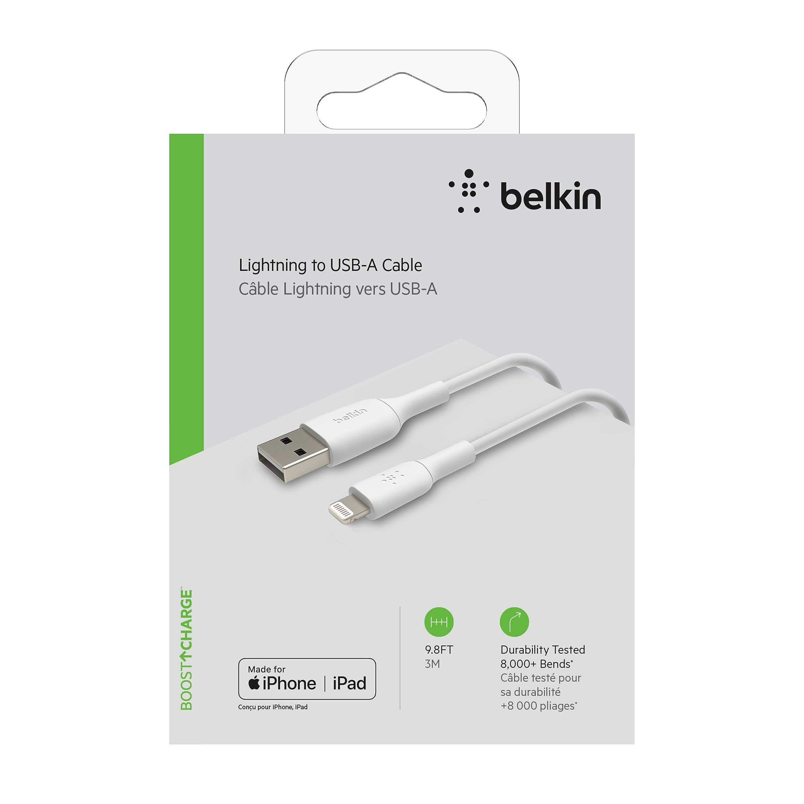 Belkin BoostCharge Lightning Cable - 9.8ft/3M - MFi Certified Apple iPhone Charger USB to Lightning Cable - iPhone Cable - iPhone Charger Cord - Apple Charger - USB Phone Charger - White