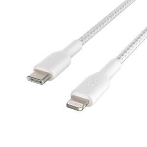 belkin boostcharge nylon braided usb c to lightning cable 6.6ft/2m - mfi certified 18w power delivery iphone charger cord - apple charger usb c cable - fast charging for iphone 14, iphone 13 - white