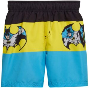 warner bros. boys batman upf 50+ swim trunk shorts - batman and justice league (toddler/boys), size 2t, batman/yellow blue