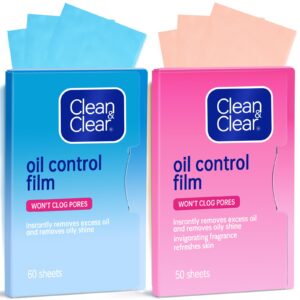 oil absorbing tissues oil control film, oil blotting paper same series with clean & clear oil absorbing facial sheets for oily skin, 60 sheets blue + 50 sheets pink