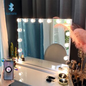 fenchilin vanity mirror with lights and speaker hollywood lighted makeup mirror with 15 dimmable led bulbs for dressing room & bedroom, tabletop or wall-mounted