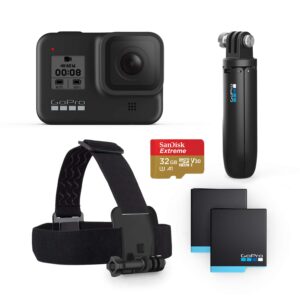 gopro hero8 black bundle - includes hero8 black camera, shorty, head strap, 32gb sd card, and 2 rechargeable batteries