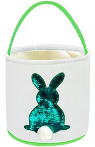 jolly jon easter bunny basket bag - green to silver sequin colors - kids easter egg hunt baskets - color changing reusable party bags - rabbit with cotton tail canvas tote