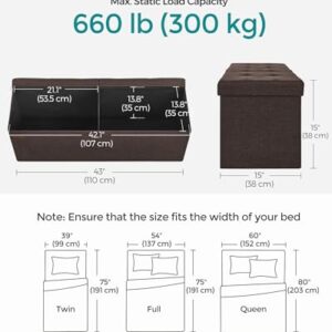 SONGMICS Storage Ottoman Bench, Foldable Ottoman Foot Rest, 15 x 43 x 15 Inches, End of Bed Bench, Storage Chest, Load up to 660 lb, for Living Room, Bedroom, Entryway, Chestnut Brown ULSF77BR