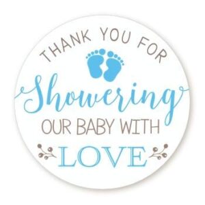 baby shower stickers | blue | thank you for showering our baby with love | 48 stickers - 1.67 inches round | baby shower stickers for boys | pitter patter - tiny baby feet baby shower labels