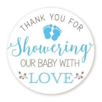 Baby Shower Stickers | Blue | Thank You for Showering Our Baby with Love | 48 Stickers - 1.67 Inches Round | Baby Shower Stickers for Boys | Pitter Patter - Tiny Baby Feet Baby Shower Labels