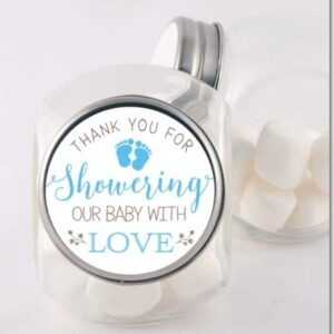 Baby Shower Stickers | Blue | Thank You for Showering Our Baby with Love | 48 Stickers - 1.67 Inches Round | Baby Shower Stickers for Boys | Pitter Patter - Tiny Baby Feet Baby Shower Labels