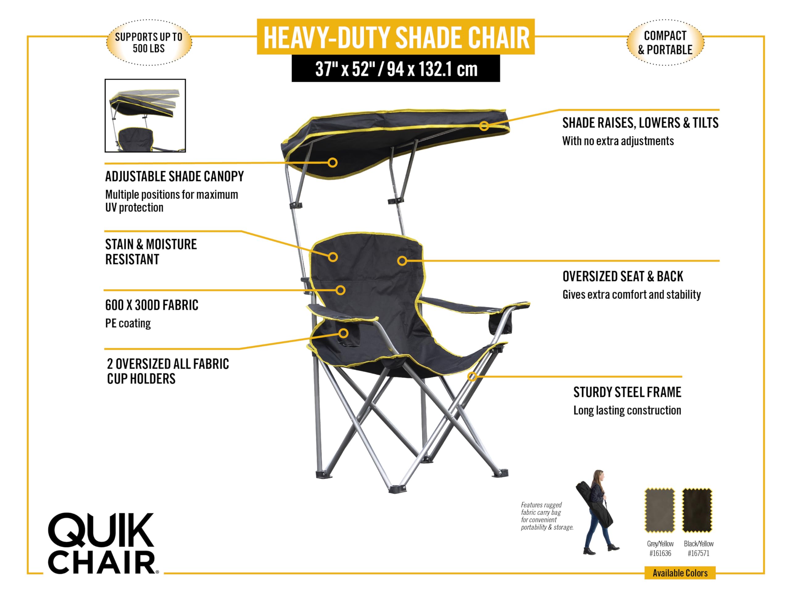 Quik Shade Extra Wide Folding Camp Chair with Tilt UV Sun Protection Canopy, Black