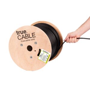 truecable cat6 outdoor w/messenger, shielded ftp, 1000ft, uv, aerial, cmx, black, 23awg solid bare copper, 550mhz, poe++ (4ppoe), etl listed, bulk ethernet cable