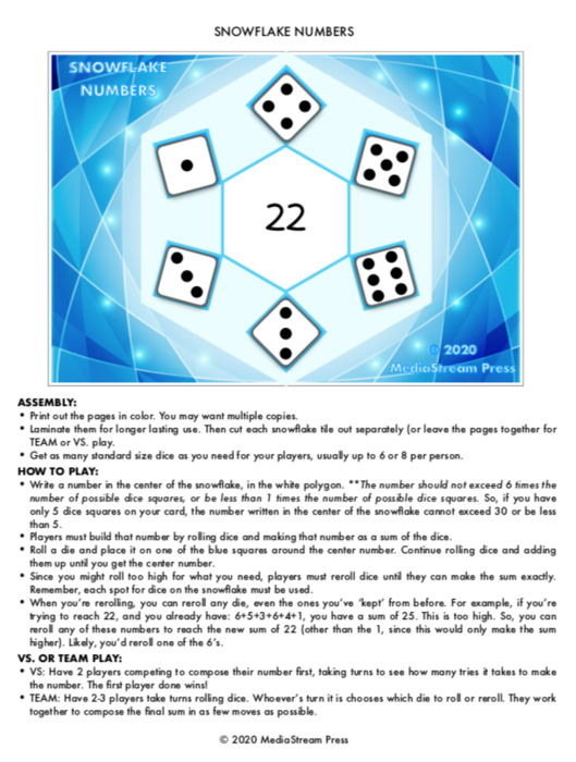 Snowflake Numbers - Composing numbers adding mental math game with dice