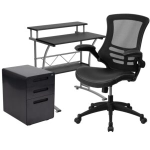 flash furniture work from home kit - black computer desk, ergonomic mesh/leathersoft office chair and locking mobile filing cabinet