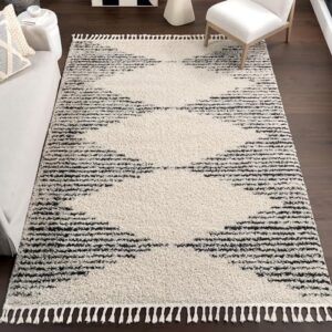 nuloom bria moroccan shag tasseled area rug - 2x3 accent shag rug modern/contemporary off-white/charcoal rugs for living room bedroom dining room nursery entryway