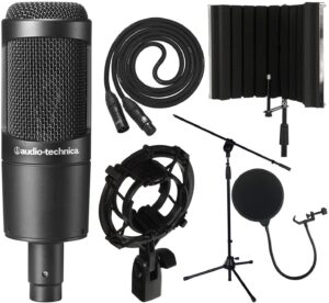 audio-technica at2035 cardioid condenser microphone with xlr cable, audio-technica at8458 shockmount, isolation shield