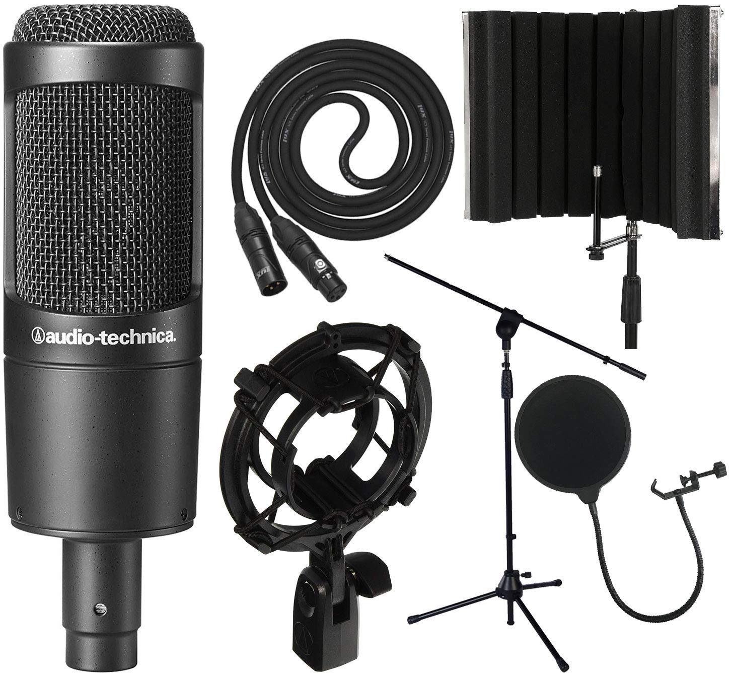 Audio-Technica AT2035 Cardioid Condenser Microphone with XLR Cable, Audio-Technica AT8458 Shockmount, Isolation Shield