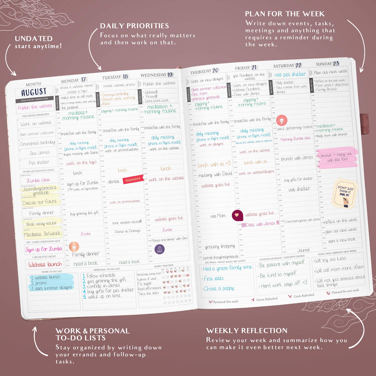 Legend Planner PRO Hourly Schedule - Weekly & Daily Organizer with Time Slots. Appointment Book Journal for Work & Personal, A4 (Rose Gold)