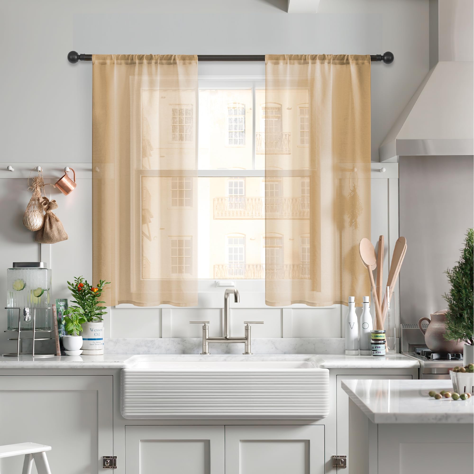 MRTREES Tier Curtains 30 inches Long Short Sheer Curtain Kitchen Tiers Bathroom Small Curtain Panels Transparent Light Filtering Cafe Curtains Rod Pocket Window Treatment 2 Panels Sandy Beige