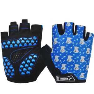 moreok kids cycling gloves,gel padding bicycle half finger pair dog bars, fit boy girl youth age 2-11, outdoor sport road mountain bike gloves blue-s