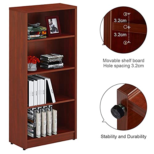 Sunon 4 Shelf Wood Bookcase Freestanding Display Shelf Adjustable Layers Bookshelf for Home Office Library Small Narrow Space (Cherry, 4-Layers)