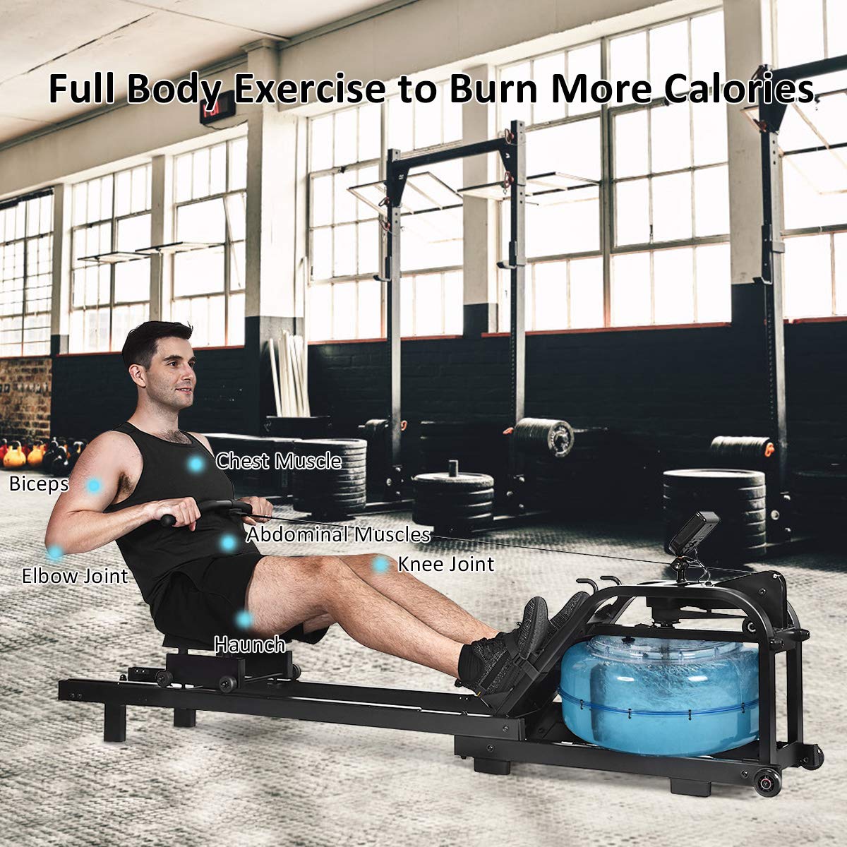 GYMAX Water Rowing Machine, Water Rower with Adjustable Resistance & LCD Display, Easy-Transportation Rower for Whole Body Exercise Cardio Training (Water Resistance)