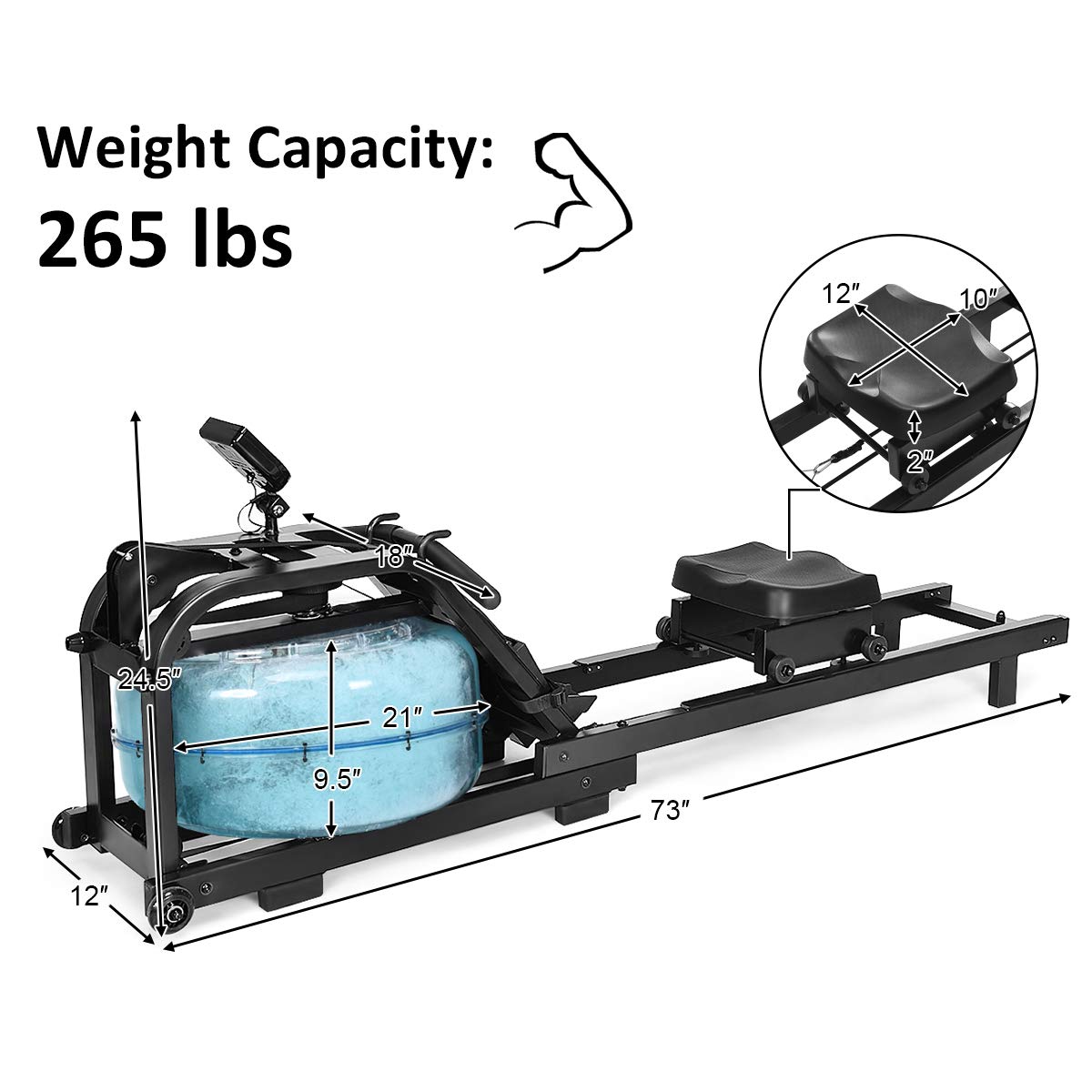 GYMAX Water Rowing Machine, Water Rower with Adjustable Resistance & LCD Display, Easy-Transportation Rower for Whole Body Exercise Cardio Training (Water Resistance)