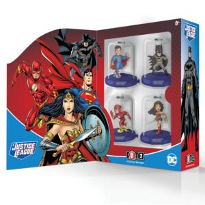 justice league domez series 1 collector’s box set - includes batman, superman, wonder woman & the flash - authentic & highly detailed collectible characters - connect, collect, display