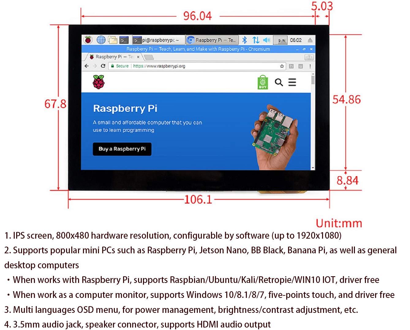 waveshare 4.3inch HDMI LCD 800x480 IPS Capacitive Touch Screen HDMI Interface Support All Version Raspberry Pi 4B/3B+/3B/2B/Zero/Zero W/Zero WH,Jetson Nano BB Black Banana Pi Windows 10/8.1/8/7