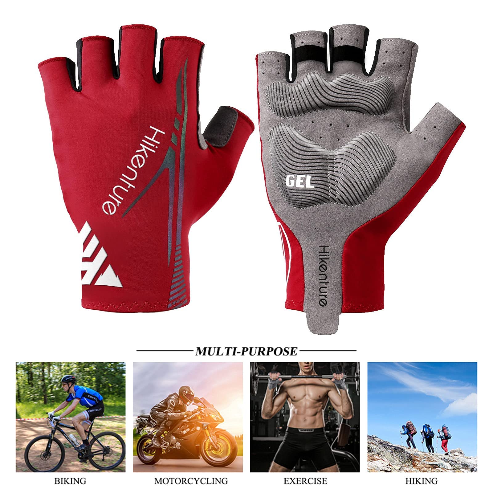 Hikenture Cycling Gloves for Men Women Mountain Road Bike Gloves Half Finger Padded Bicycle Glove (Red, XL)